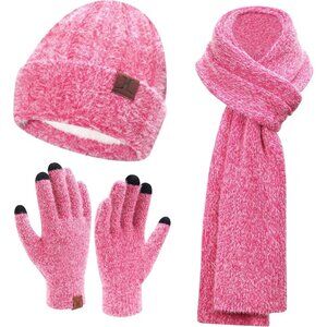 Women's Pink Red Warm Knit Beanie Hat Touchscreen Gloves Long Neck Scarf Set